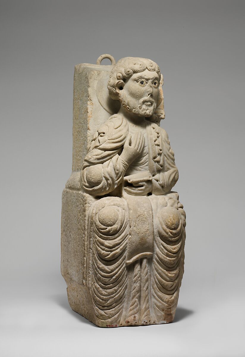 Seated Figure (Prophet or Apostle), Attributed to the Master of Santa Maria la Bianca (Italian, active late 12th–early 13th century), Marble (Carrara marble) with lead and serpentine inlay, Italian