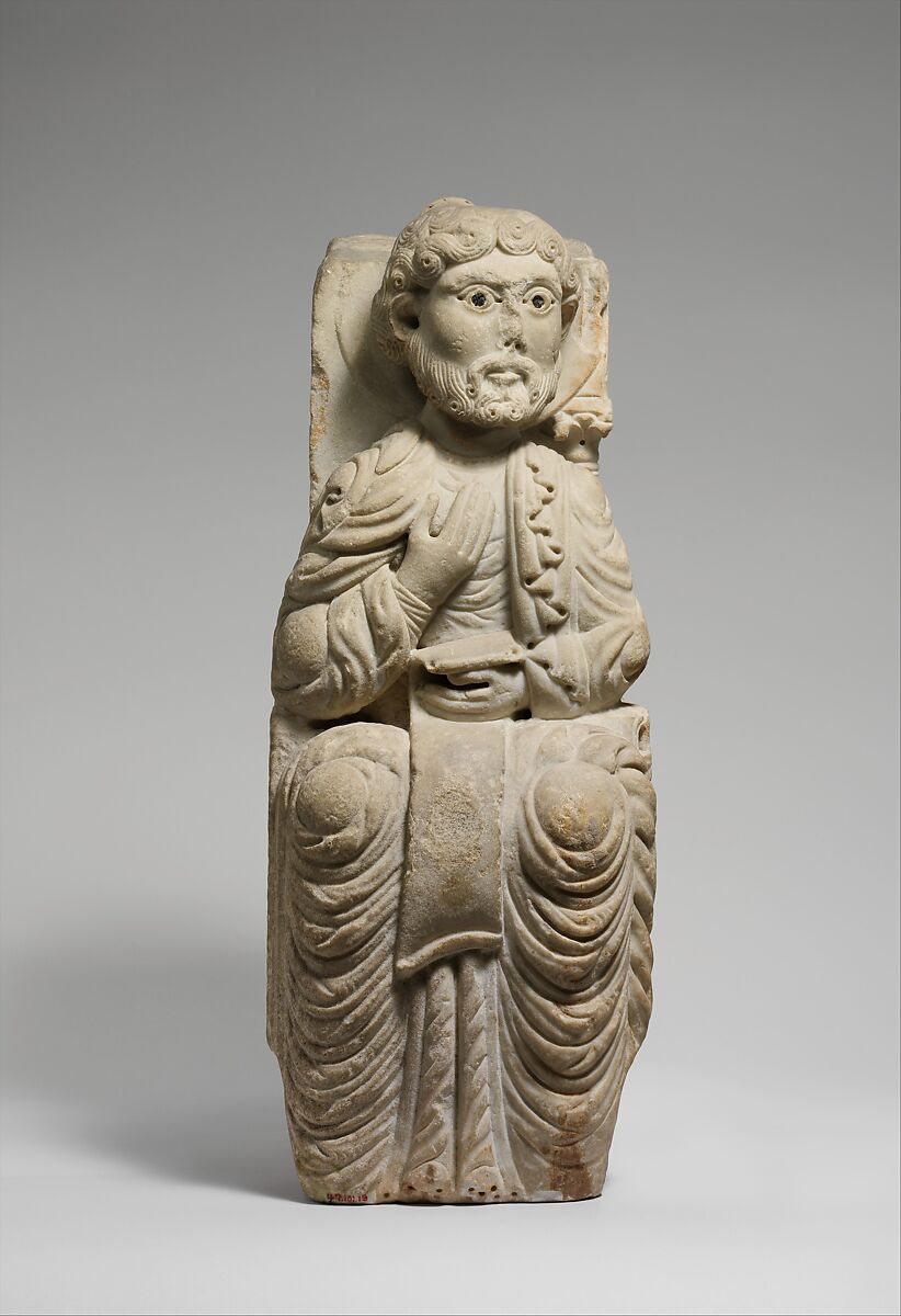 Seated Figure (Prophet or Apostle), Attributed to the Master of Santa Maria la Bianca (Italian, active late 12th–early 13th century), Marble (Carrara marble) with lead and serpentine inlay, Italian 