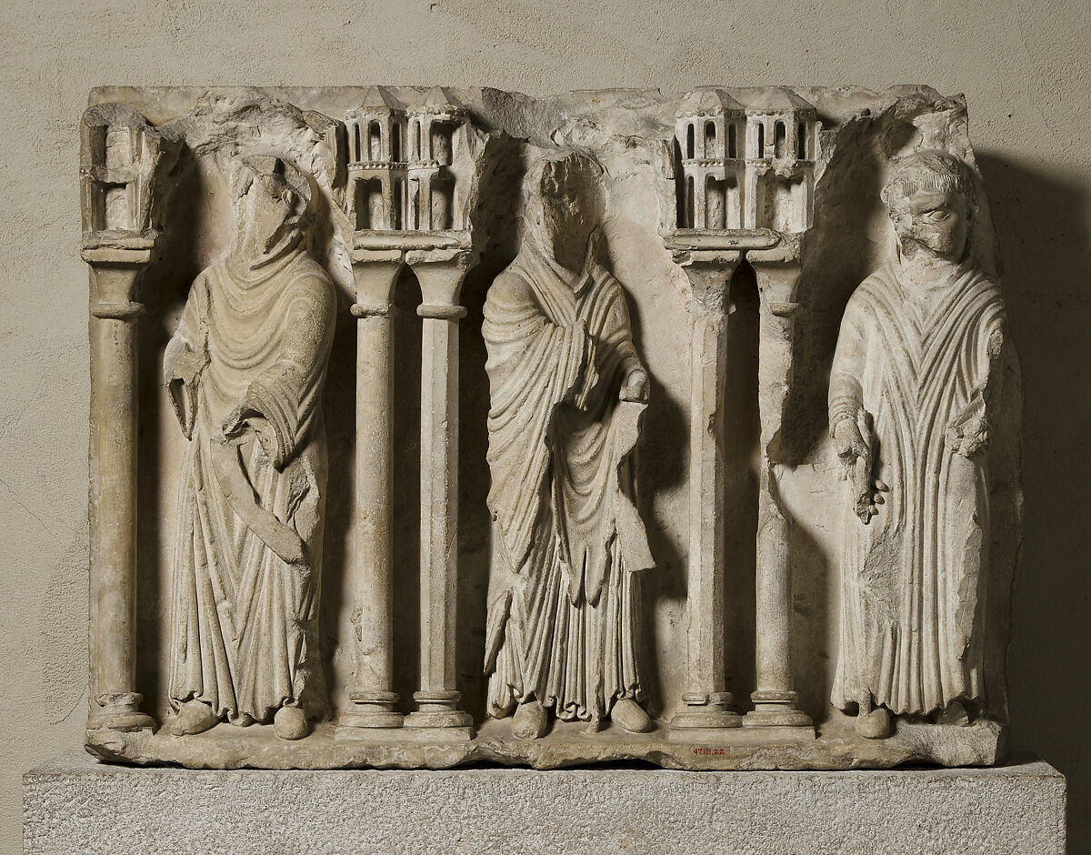 Relief Fragment with Three Monks, Limestone, French 