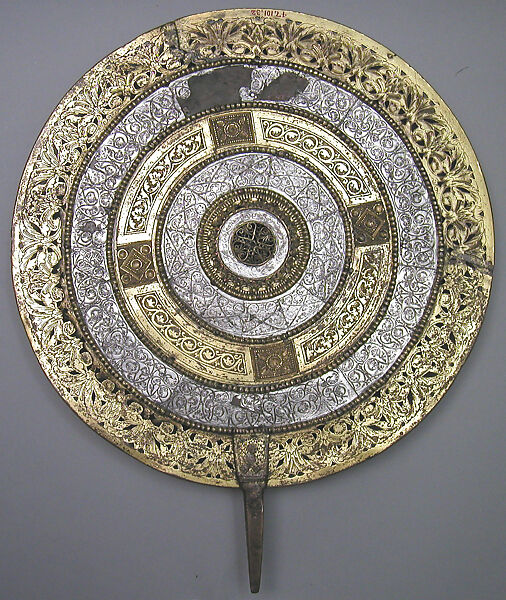 Liturgical Fan (Flabellum), Gilt bronze, champlevé enamel, silver, semiprecious stones, glass, gems, gold filigree, cabochons, German