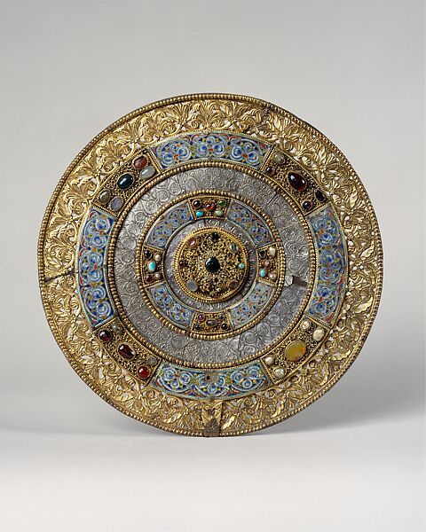 Liturgical Fan (Flabellum), Gilt bronze, champlevé enamel, silver, semiprecious stones, glass, gems, gold filigree, cabochons, German 