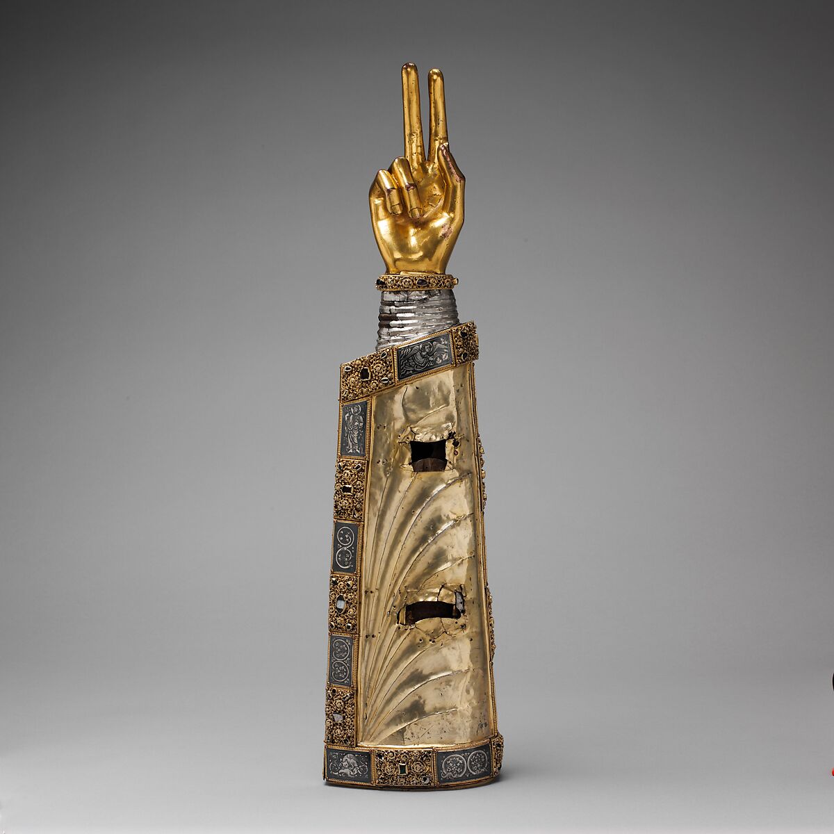 Arm Reliquary, Silver, gilded silver, niello, and gems; wood core , South Netherlandish 