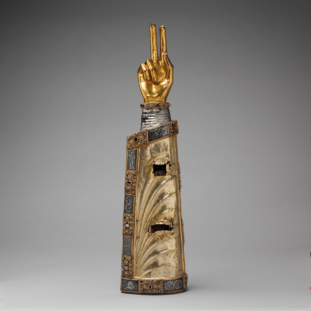 Arm Reliquary, Silver, gilded silver, niello, and gems; wood core, South Netherlandish