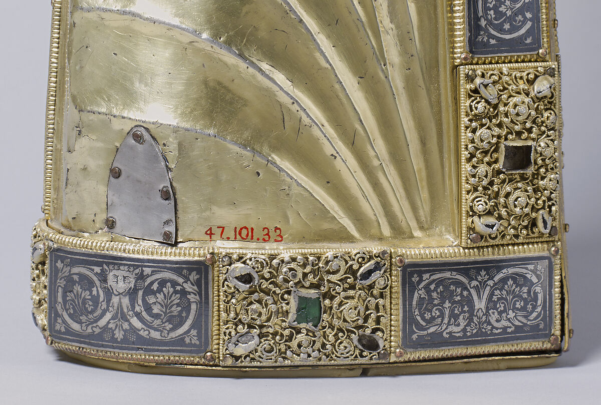 Arm Reliquary, Silver, gilded silver, niello, and gems; wood core , South Netherlandish