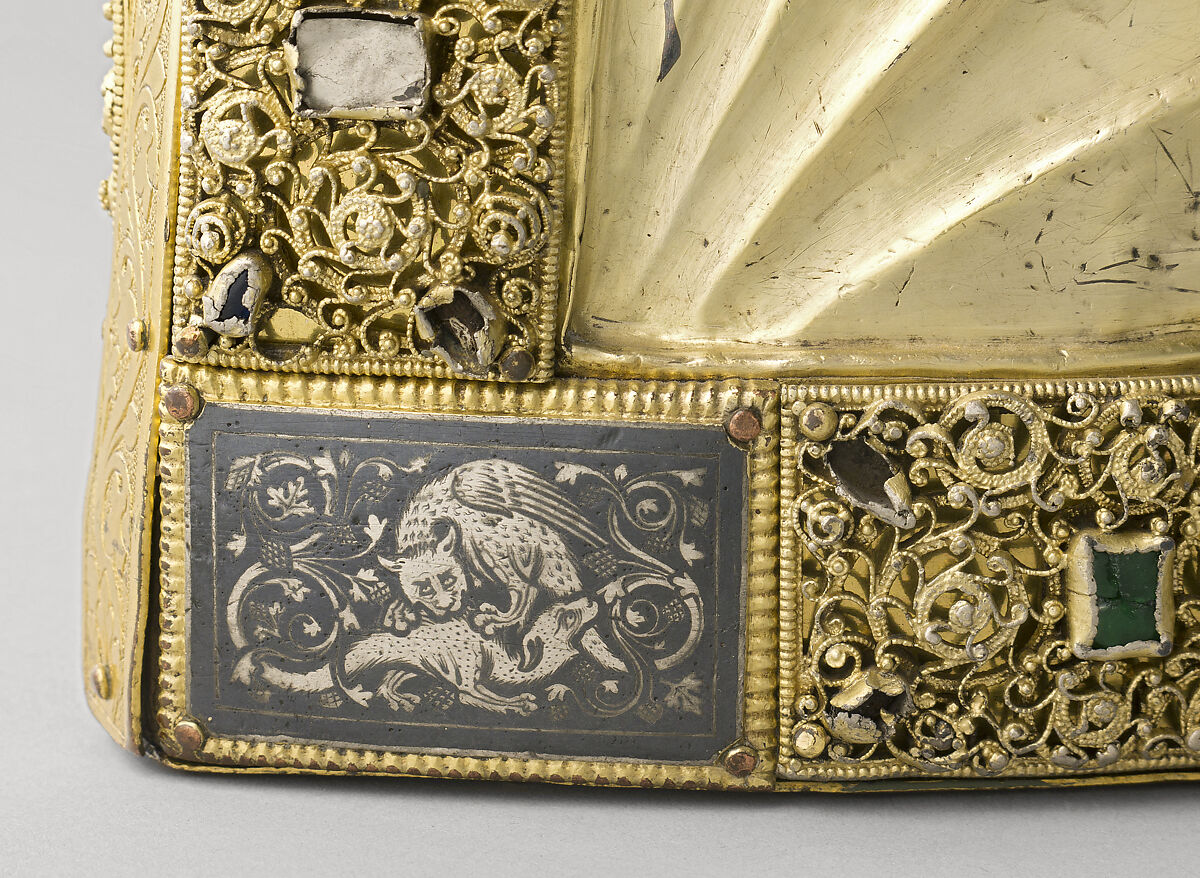 Arm Reliquary, Silver, gilded silver, niello, and gems; wood core , South Netherlandish