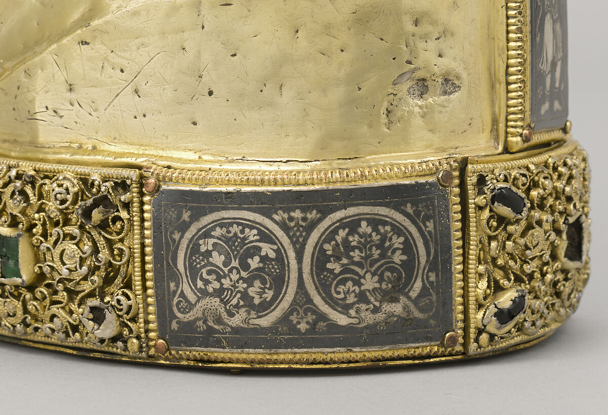 Arm Reliquary, Silver, gilded silver, niello, and gems; wood core , South Netherlandish