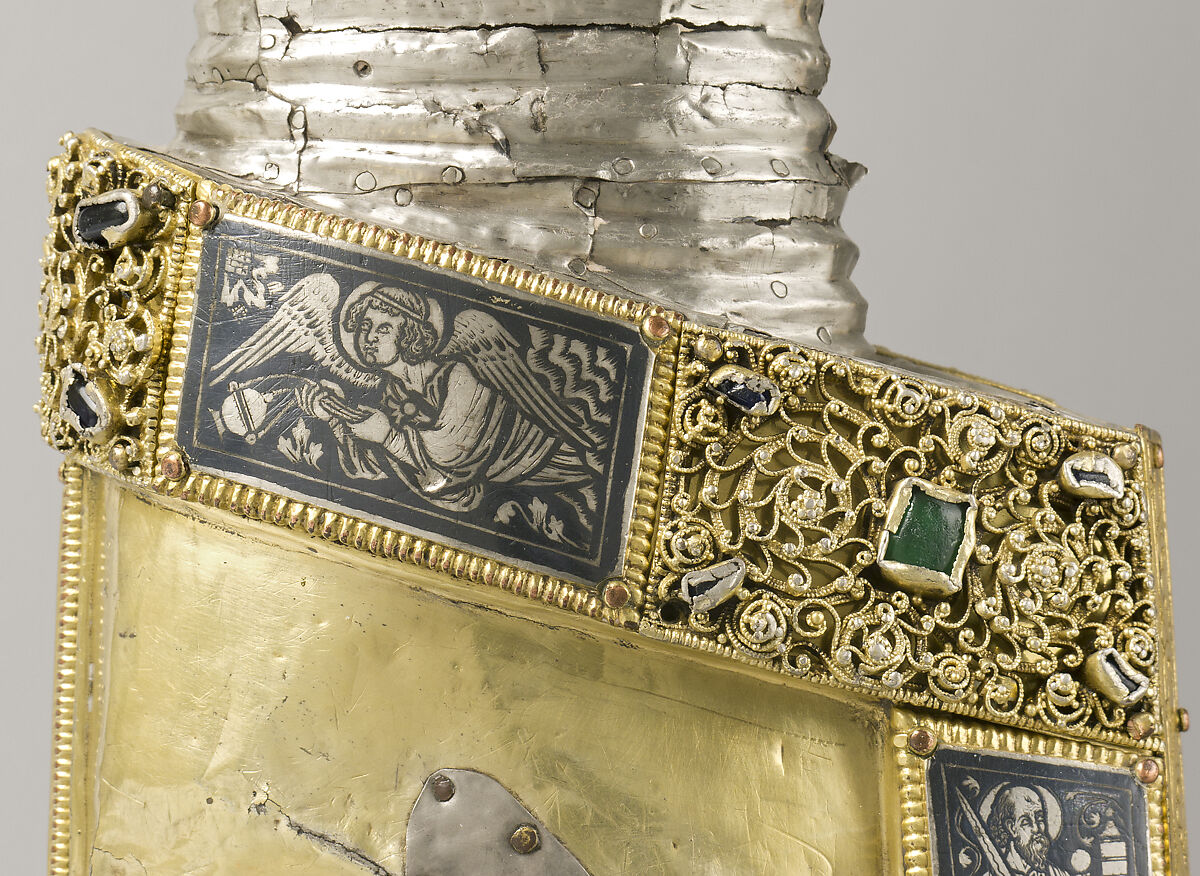 Arm Reliquary, Silver, gilded silver, niello, and gems; wood core , South Netherlandish
