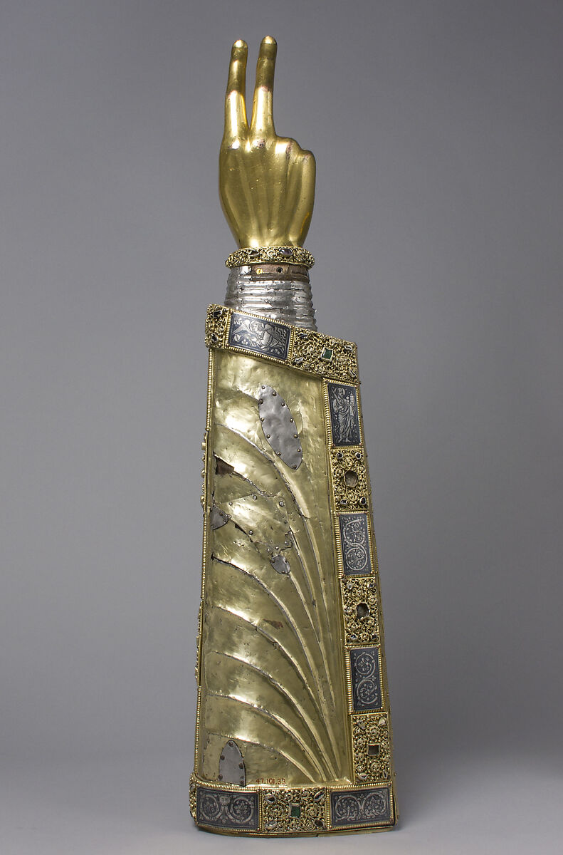 Arm Reliquary, Silver, gilded silver, niello, and gems; wood core , South Netherlandish