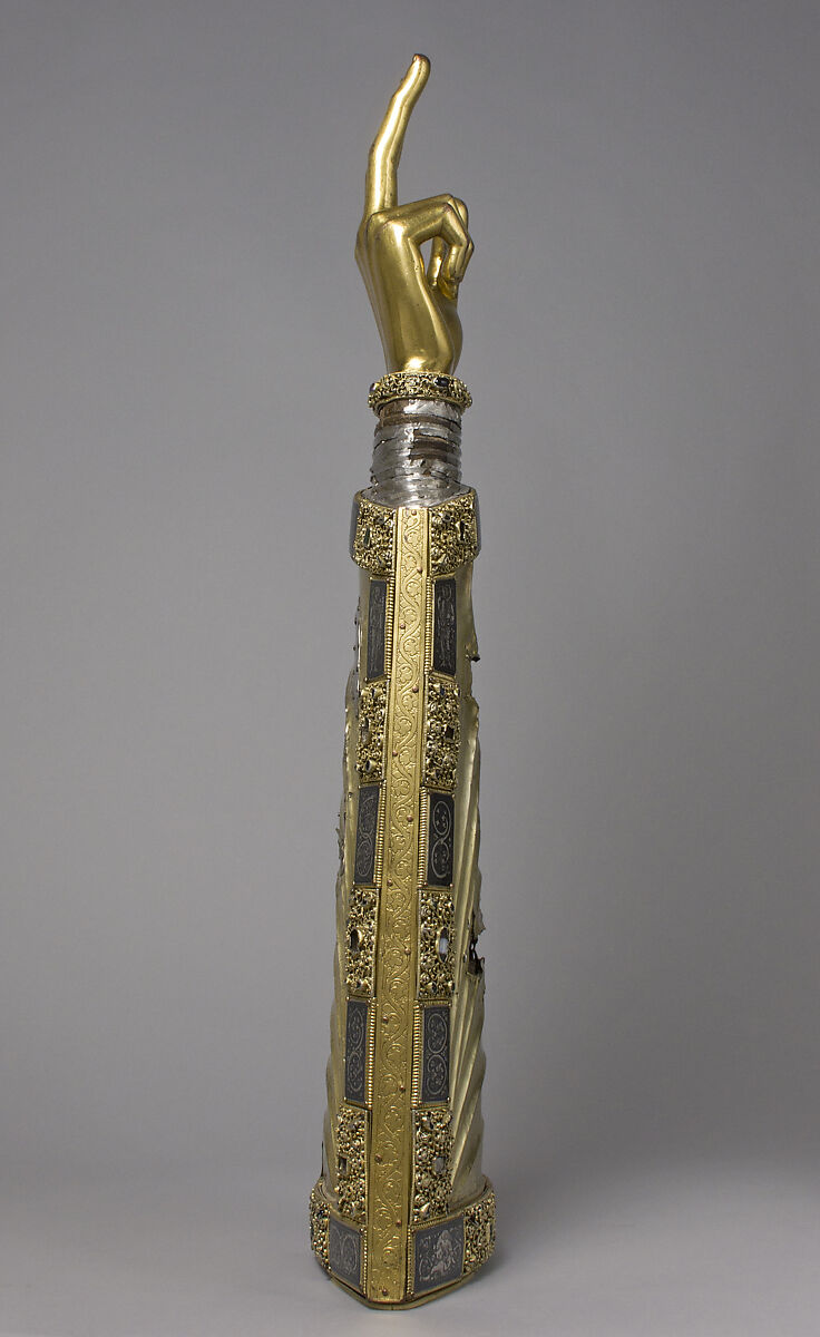 Arm Reliquary, Silver, gilded silver, niello, and gems; wood core , South Netherlandish