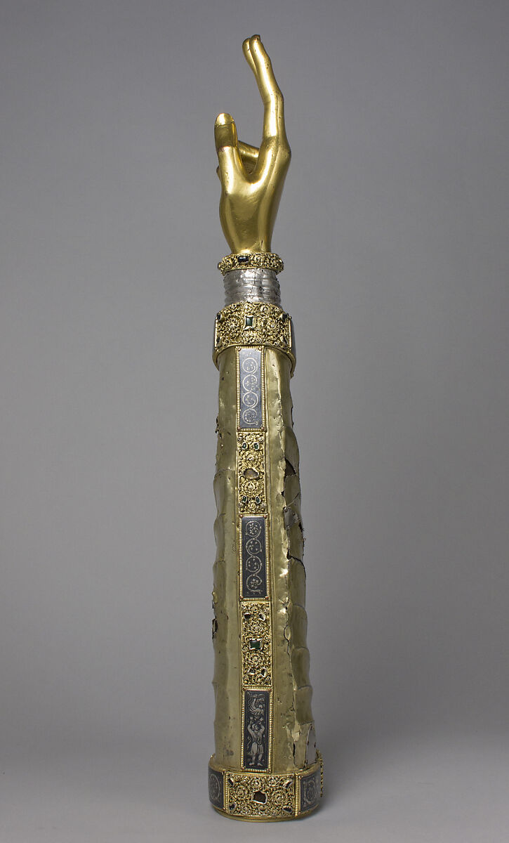Arm Reliquary, Silver, gilded silver, niello, and gems; wood core , South Netherlandish