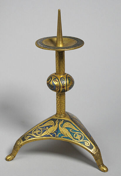 Pricket Candlestick, Copper gilt, enamel, French 