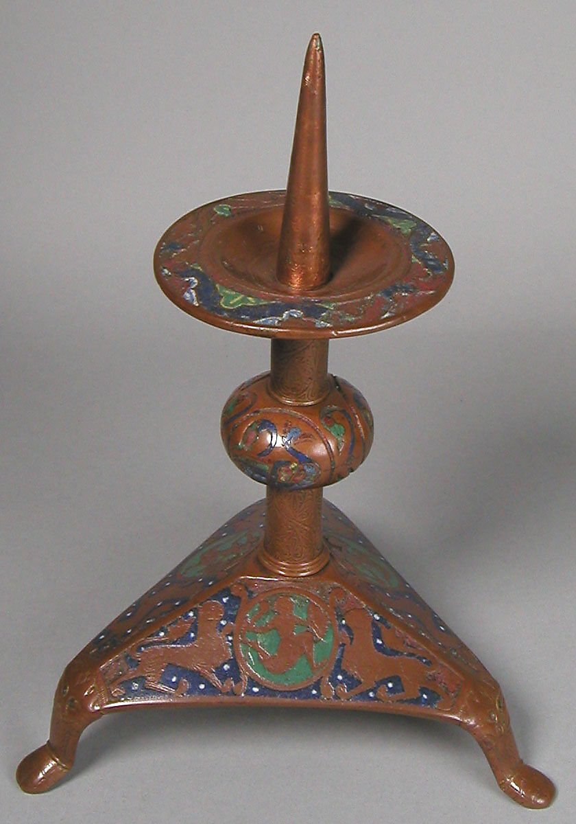 Pricket Candlestick (one of a pair), Copper: engraved, scraped, stippled, and gilt; champlevé enamel: dark, medium, and light blue; green, yellow, red, and white on bronze, French
