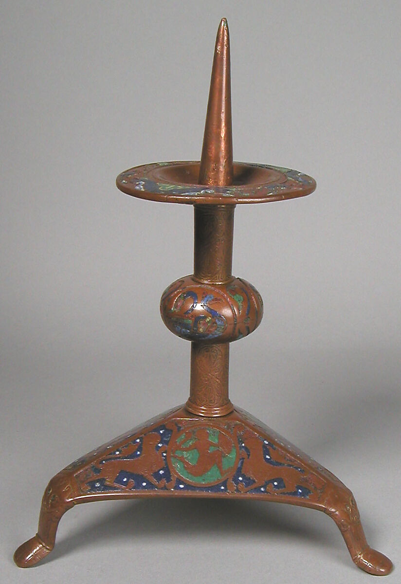 Pricket Candlestick (one of a pair), Copper: engraved, scraped, stippled, and gilt; champlevé enamel: dark, medium, and light blue; green, yellow, red, and white on bronze, French