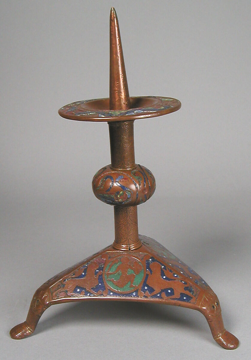 Pricket Candlestick (one of a pair), Copper: engraved, scraped, stippled, and gilt; champlevé enamel: dark, medium, and light blue; green, yellow, red, and white on bronze, French