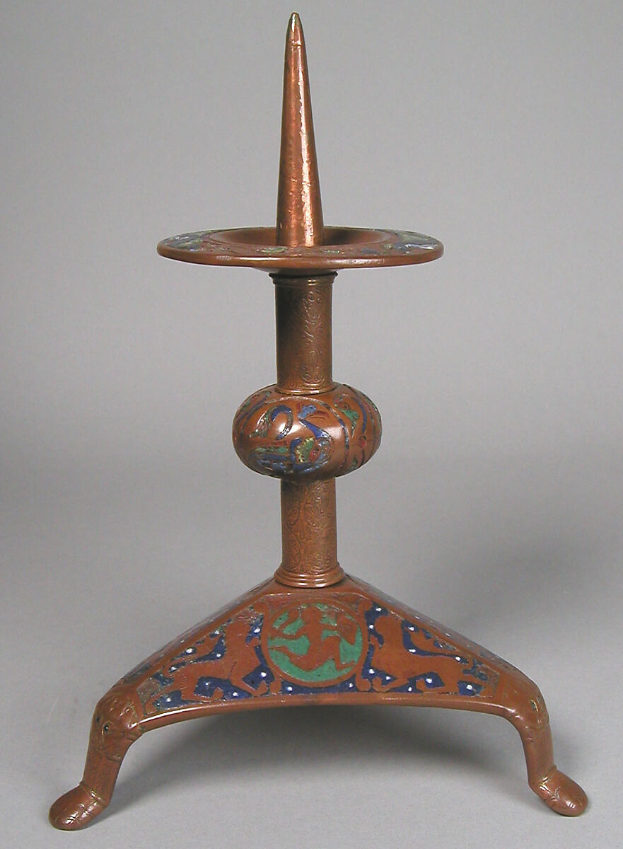 Pricket Candlestick (one of a pair), Copper: engraved, scraped, stippled, and gilt; champlevé enamel: dark, medium, and light blue; green, yellow, red, and white on bronze, French