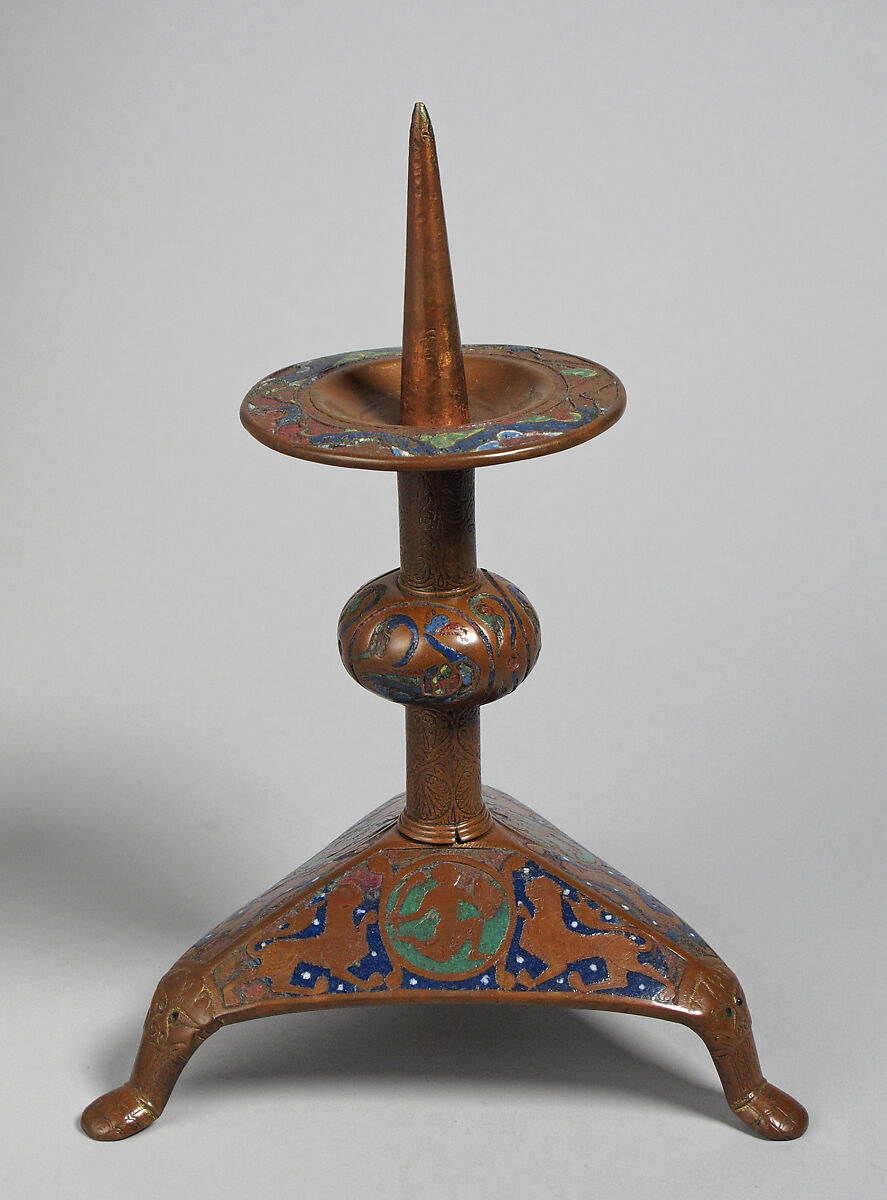Pricket Candlestick (one of a pair), Copper: engraved, scraped, stippled, and gilt; champlevé enamel: dark, medium, and light blue; green, yellow, red, and white on bronze, French 