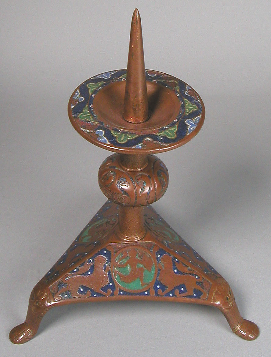 Pricket Candlestick (one of a pair), Copper: engraved, scraped, stippled, and gilt; champlevé enamel: dark, medium, and light blue; green, yellow, red, and white on bronze, French