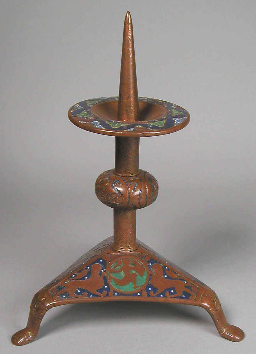 Pricket Candlestick (one of a pair), Copper: engraved, scraped, stippled, and gilt; champlevé enamel: dark, medium, and light blue; green, yellow, red, and white on bronze, French