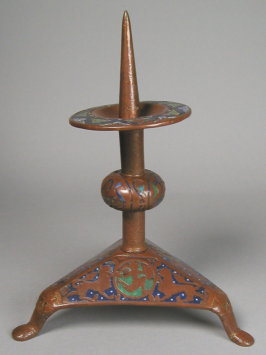Pricket Candlestick (one of a pair), Copper: engraved, scraped, stippled, and gilt; champlevé enamel: dark, medium, and light blue; green, yellow, red, and white on bronze, French