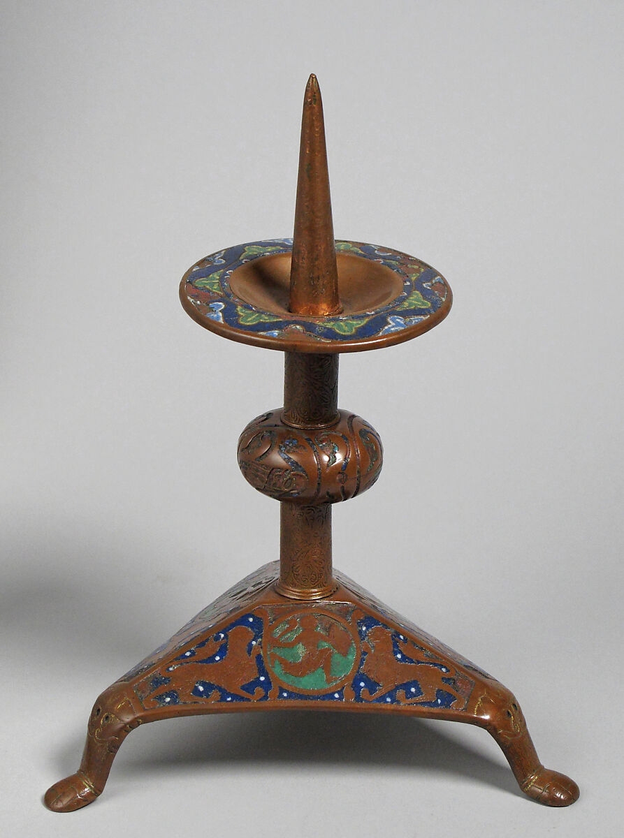 Pricket Candlestick (one of a pair), Copper: engraved, scraped, stippled, and gilt; champlevé enamel: dark, medium, and light blue; green, yellow, red, and white on bronze, French 