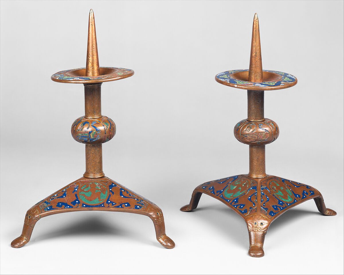 Pricket Candlestick (one of a pair), Copper: engraved, scraped, stippled, and gilt; champlevé enamel: dark, medium, and light blue; green, yellow, red, and white on bronze, French