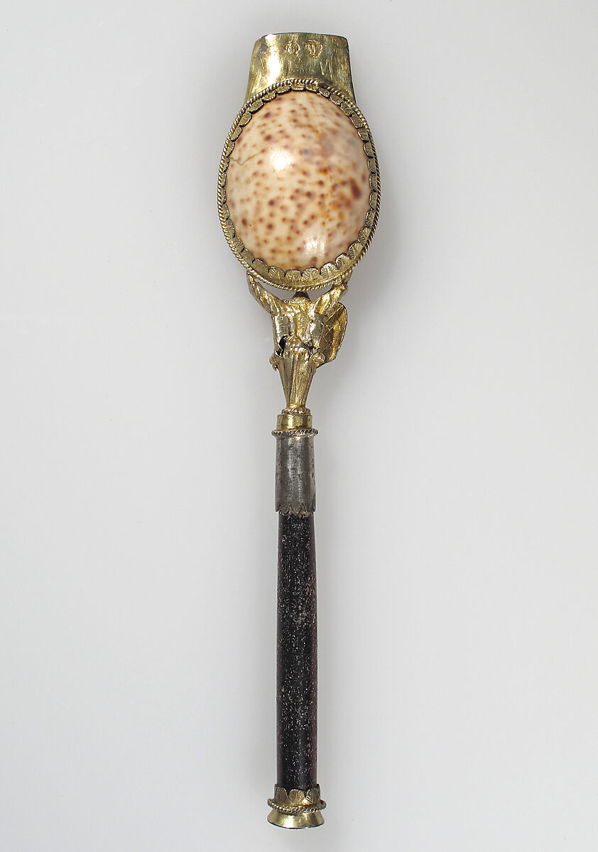 Liturgical Spoon, Silver, partly gilt, shell, obsidian, South Netherlandish