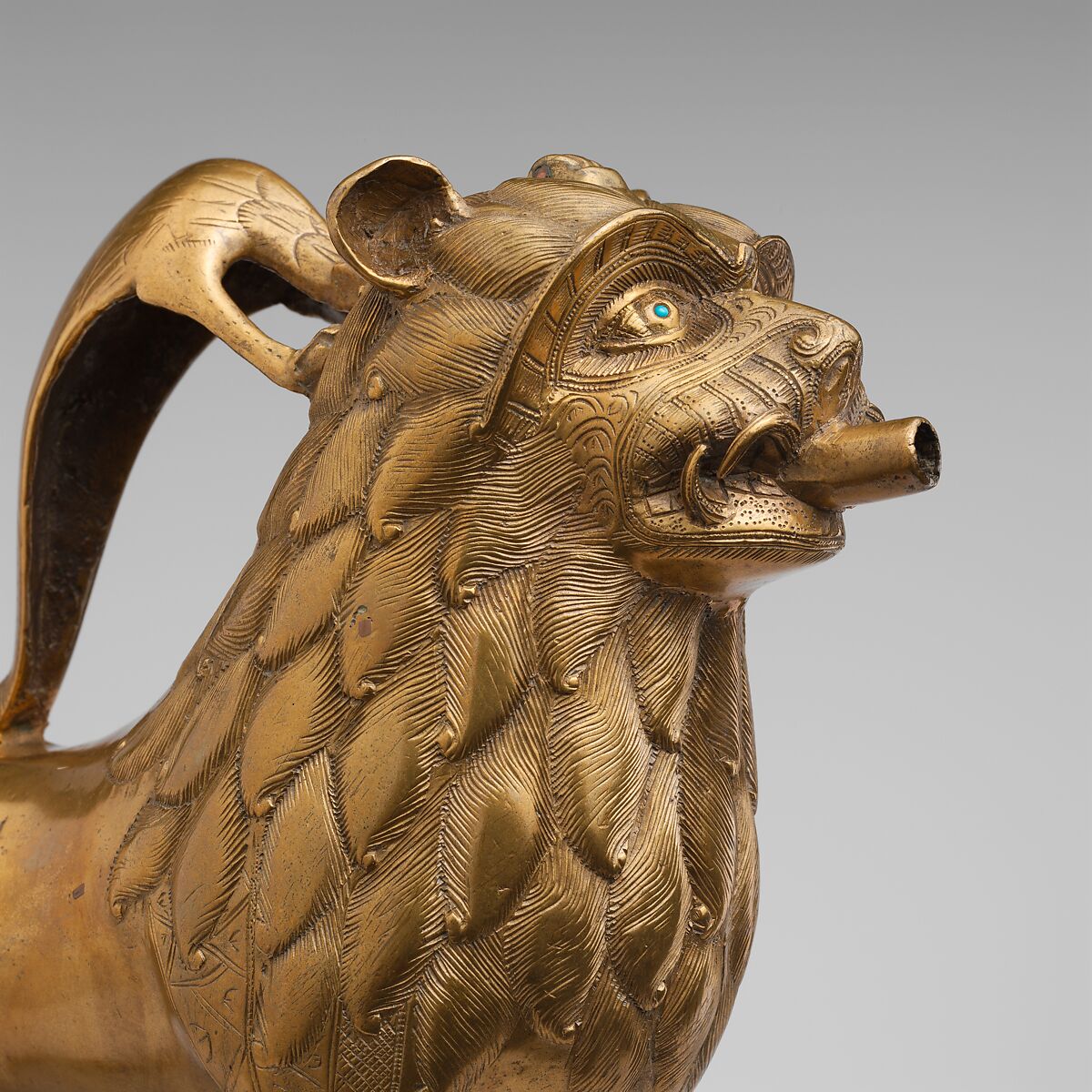 Aquamanile in the Form of a Lion, Copper alloy with inlaid glass, North German