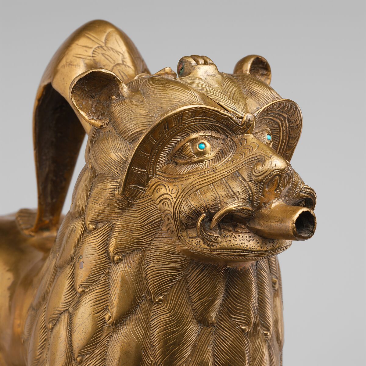Aquamanile in the Form of a Lion, Copper alloy with inlaid glass, North German