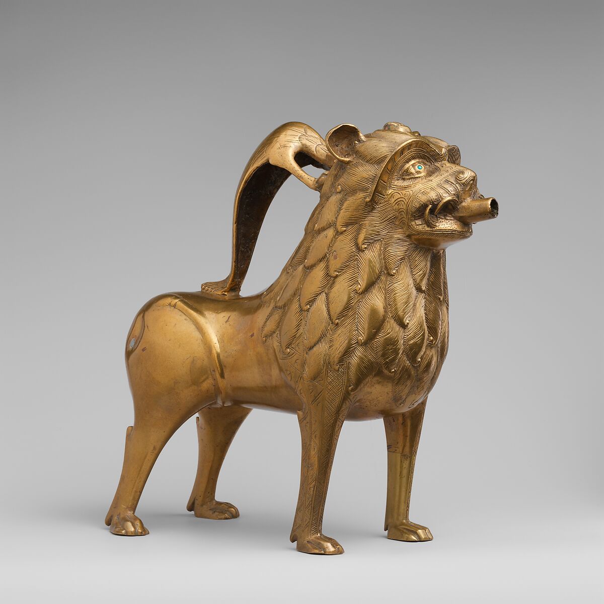 Aquamanile in the Form of a Lion, Copper alloy with inlaid glass, North German 