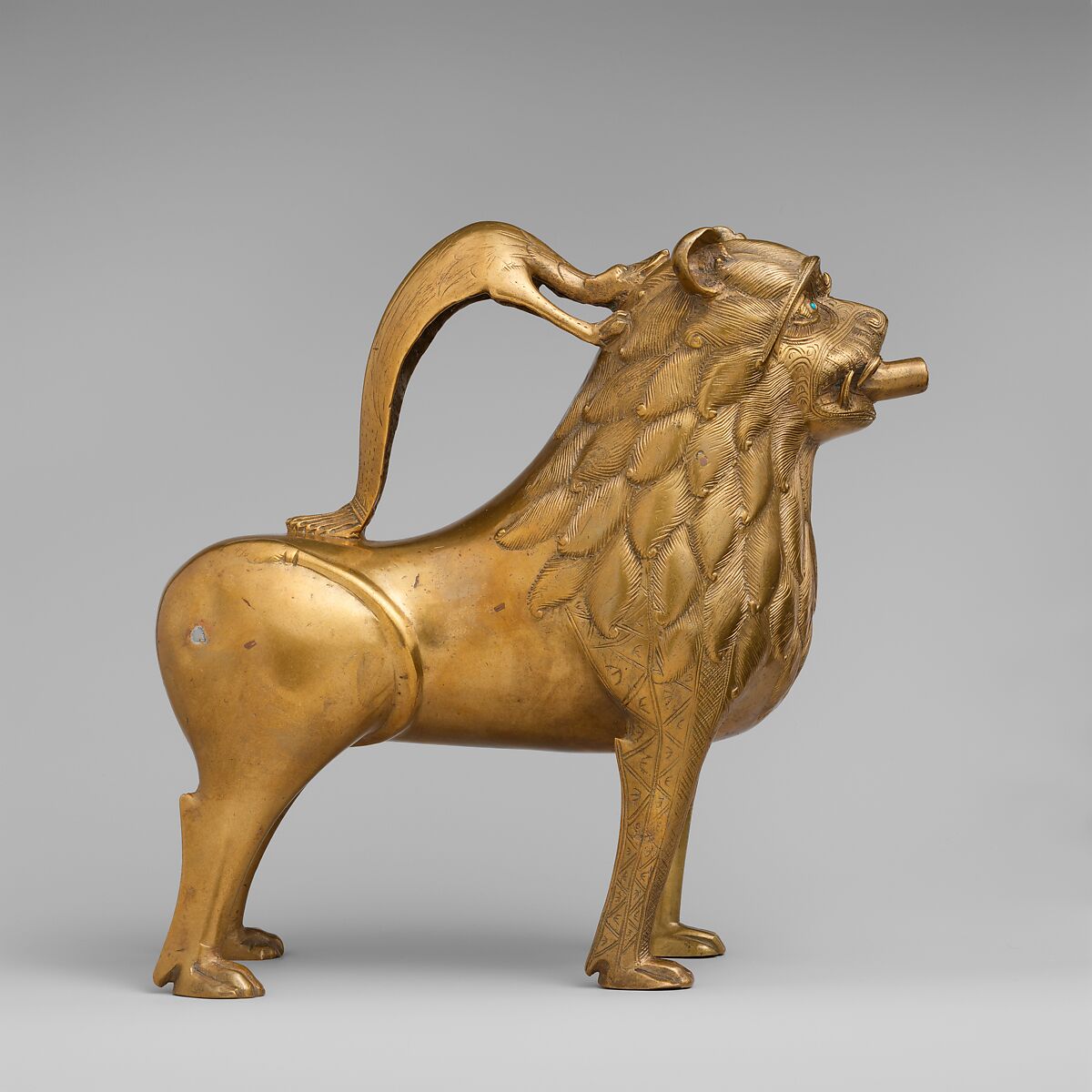 Aquamanile in the Form of a Lion, Copper alloy with inlaid glass, North German