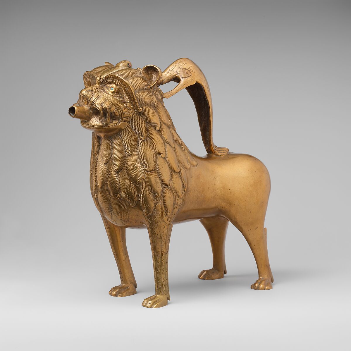 Aquamanile in the Form of a Lion, Copper alloy with inlaid glass, North German