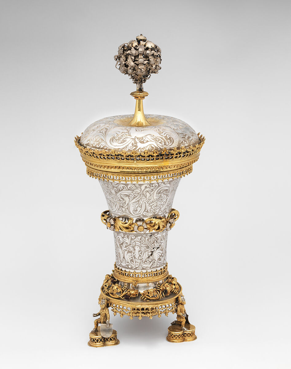 Covered Beaker, Hans Greiff (German, active ca. 1470–died 1516 Ingolstadt), Silver, gilded silver, enamel, and glass, German 