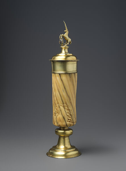 Covered Goblet, Narwhal tooth, gilded silver, and enamel, German 