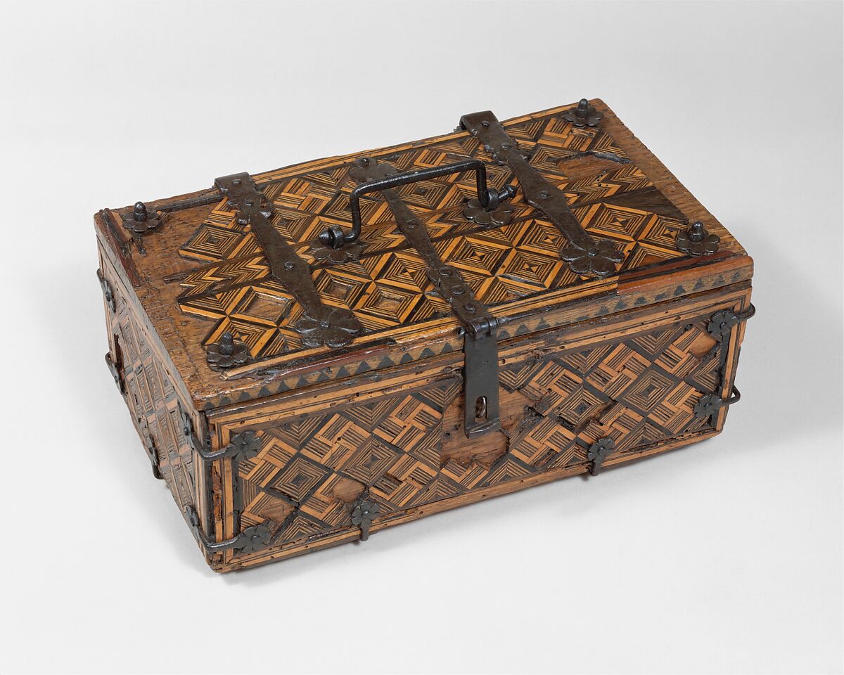 Coffret (Minnekästchen), Oak, inlay, and tempera; wrought-iron mounts, German