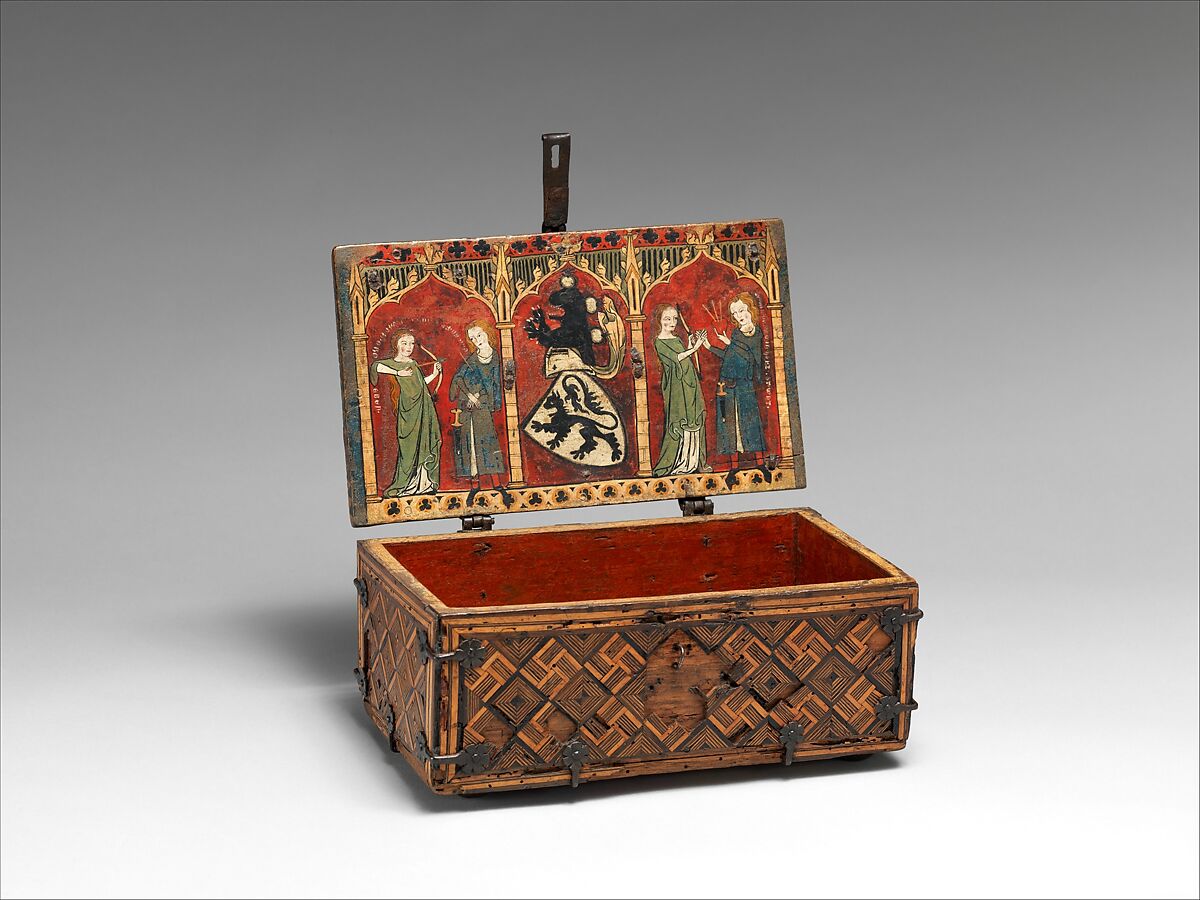 Coffret (Minnekästchen), Oak, inlay, and tempera; wrought-iron mounts, German