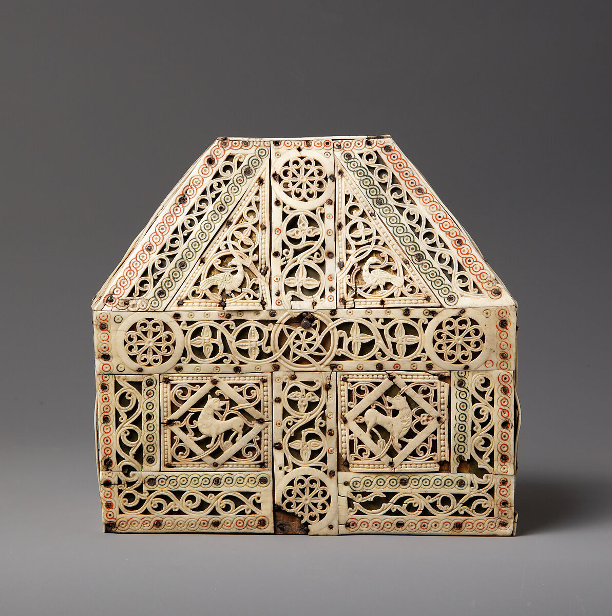 Bursa Reliquary, Bone, paint, copper gilt, iron brads, and sycamore wood, North Italian