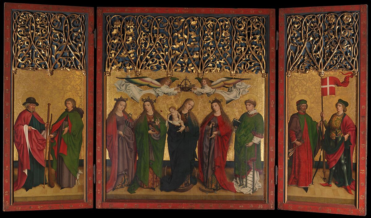 The Burg Weiler Altar Triptych (Altarpiece with the Virgin and Child and Saints), Master of the Burg Weiler Altarpiece (German, Middle Rhineland, ca. 1470), Oil on wood, gold ground, German 