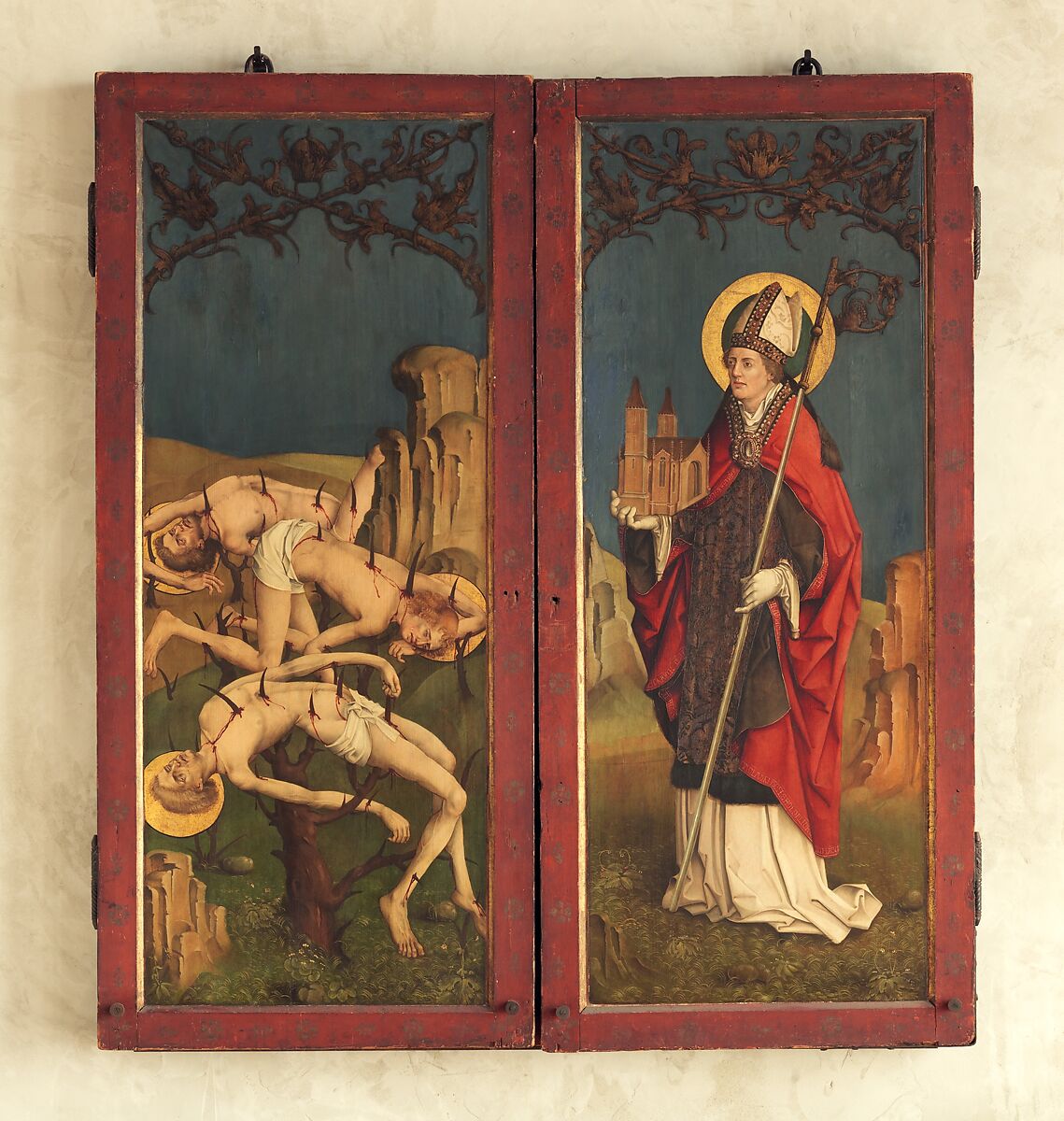 The Burg Weiler Altar Triptych (Altarpiece with the Virgin and Child and Saints), Master of the Burg Weiler Altarpiece (German, Middle Rhineland, ca. 1470), Oil on wood, gold ground, German