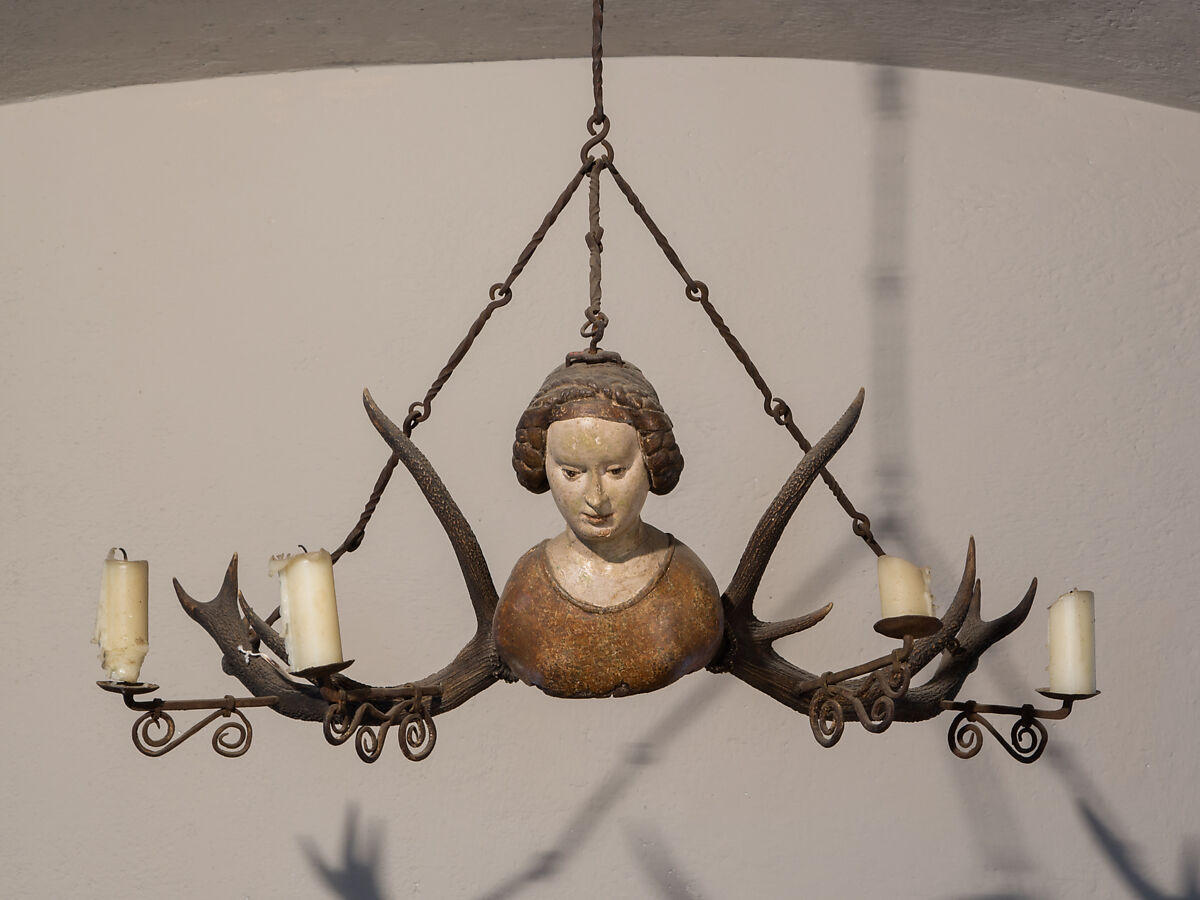 Chandelier, Wood, antler, iron, German 