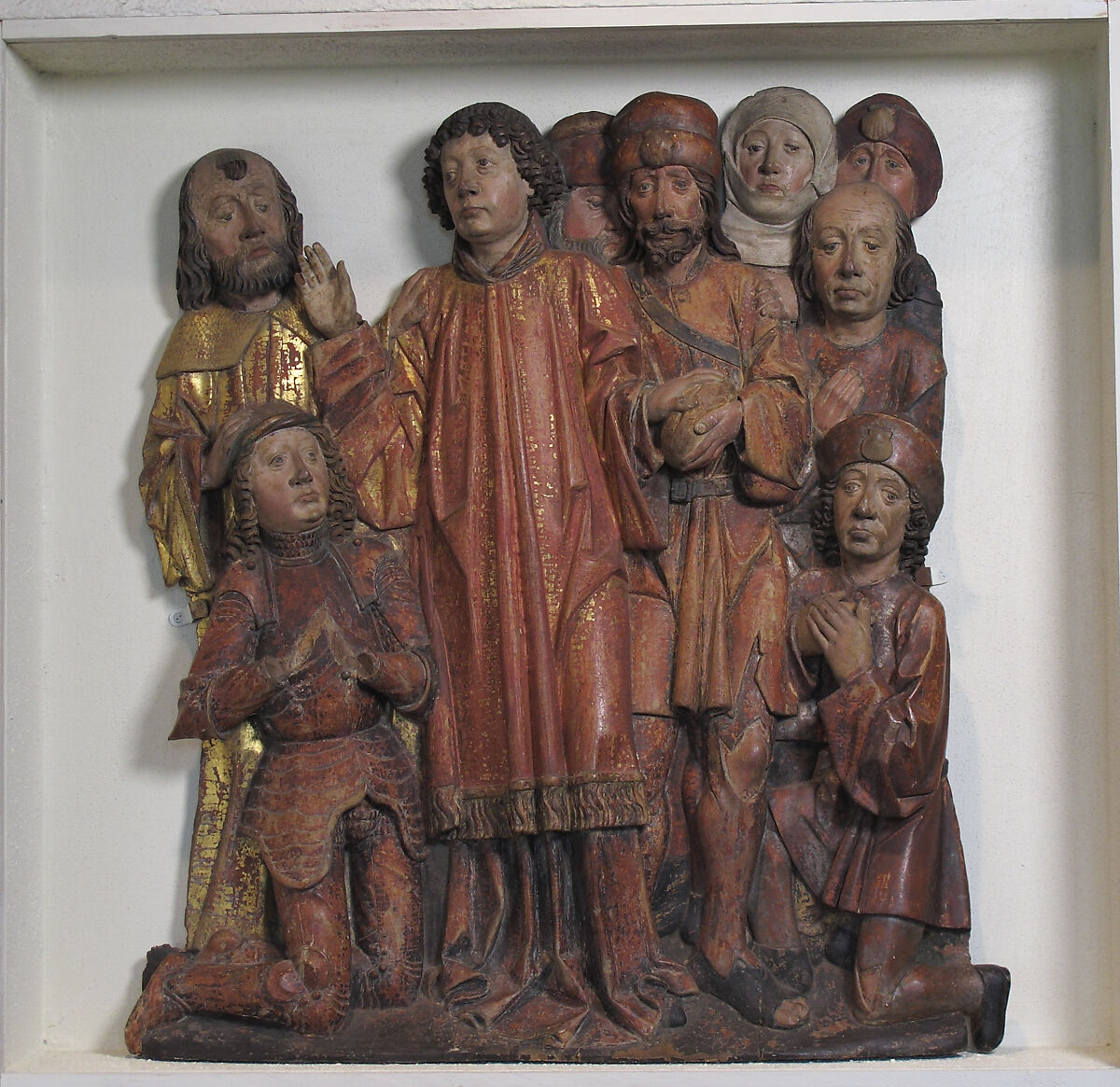 Relief of Saint Lawrence Presenting the Poor, Master of the Sonnenberg-Künigl Altar (Austrian, active late 15th century), White or stone pine, paint, gilt, Austrian 