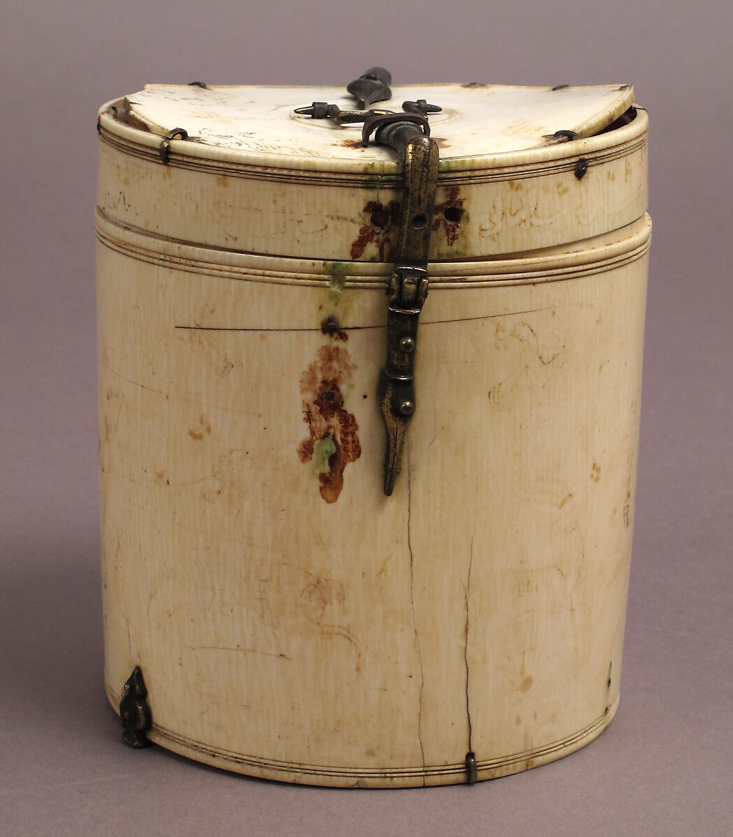 Box with Equestrian Falconers, Elephant ivory with copper alloy mounts, polychromy, Italian