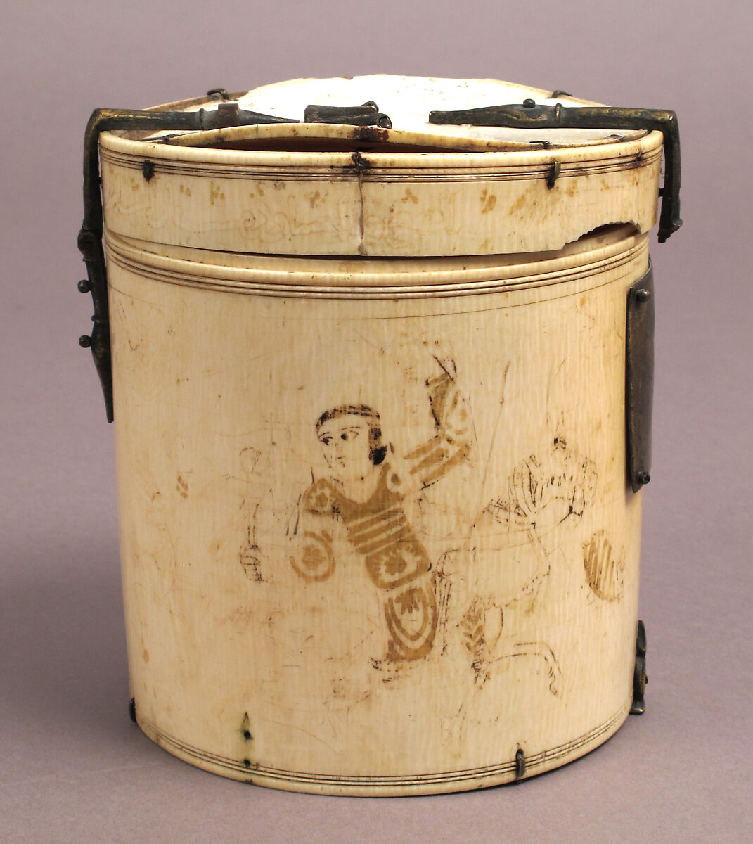 Box with Equestrian Falconers, Elephant ivory with copper alloy mounts, polychromy, Italian