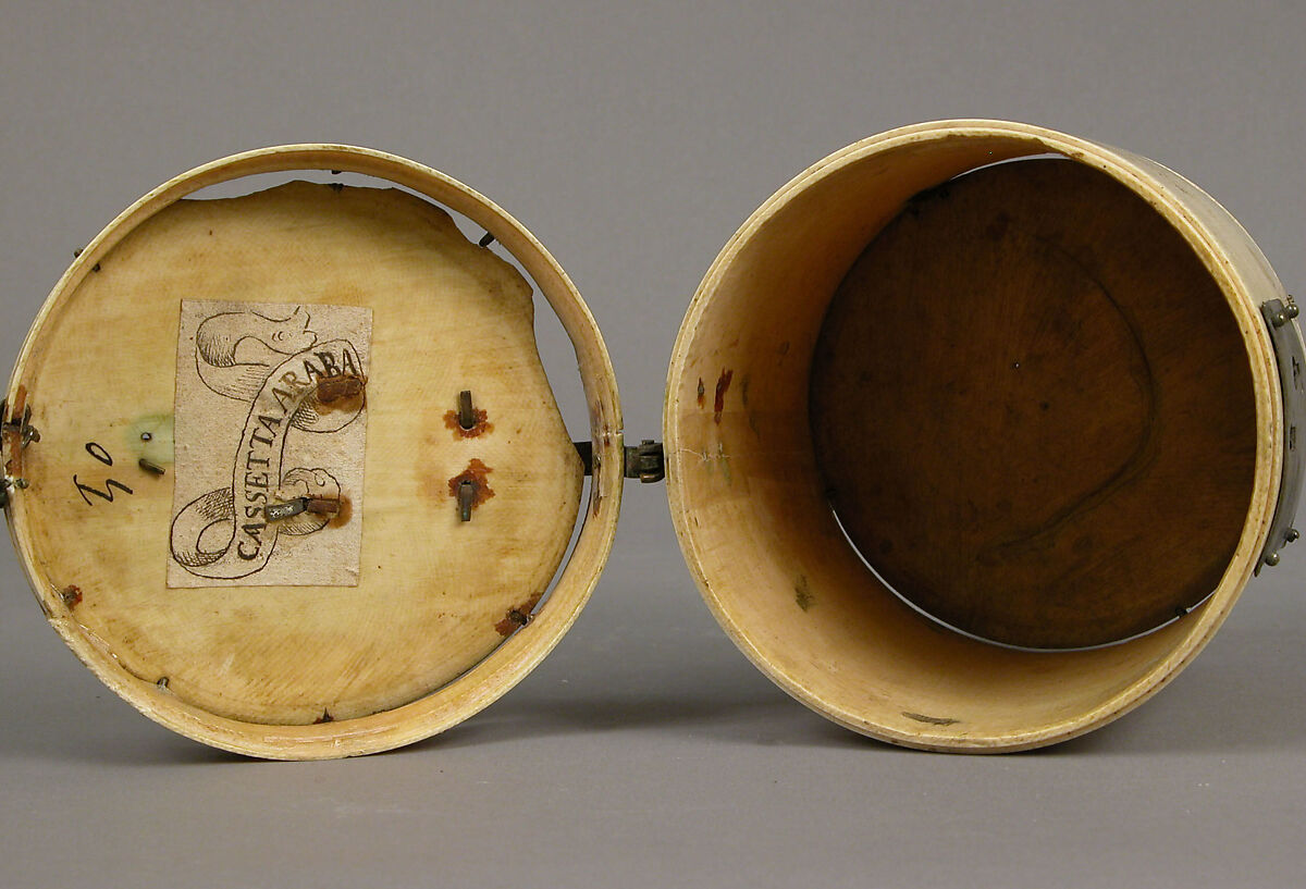 Box with Equestrian Falconers, Elephant ivory with copper alloy mounts, polychromy, Italian