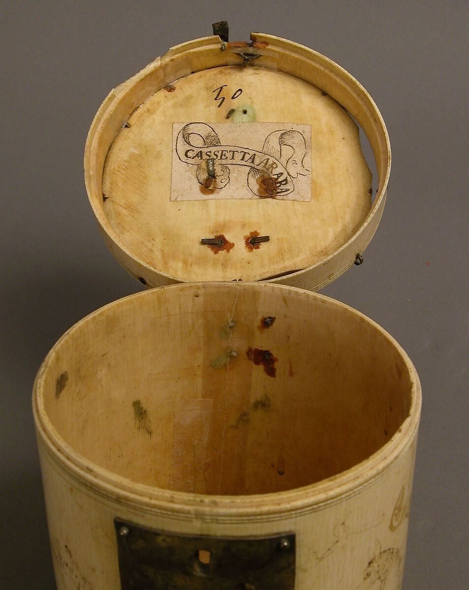 Box with Equestrian Falconers, Elephant ivory with copper alloy mounts, polychromy, Italian