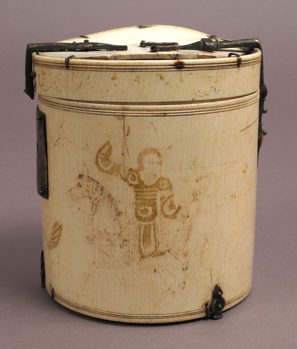 Box with Equestrian Falconers, Elephant ivory with copper alloy mounts, polychromy, Italian