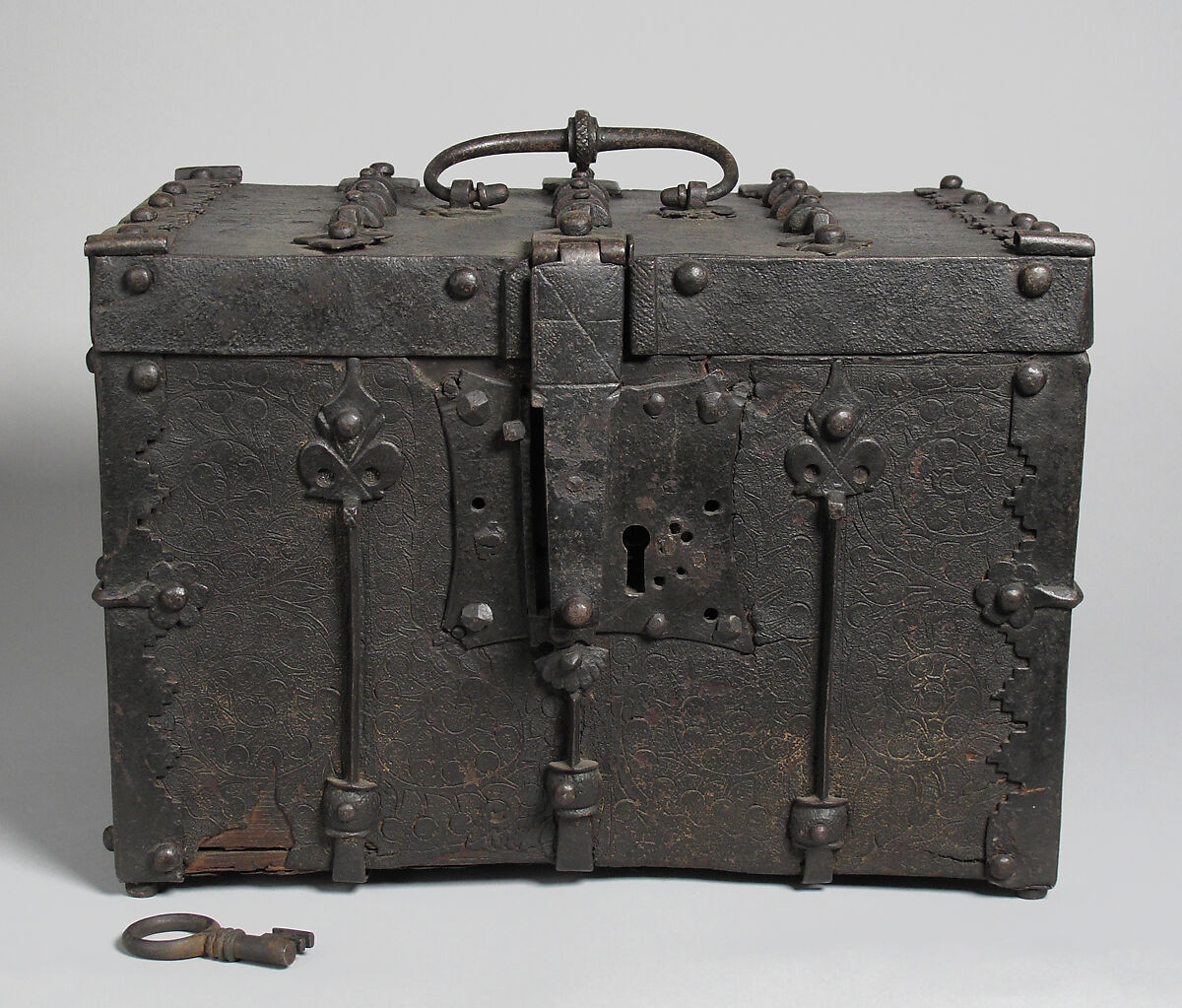 Box with Circular Scroll Designs, Leather (Cuir bouilli) with iron mounts, European 