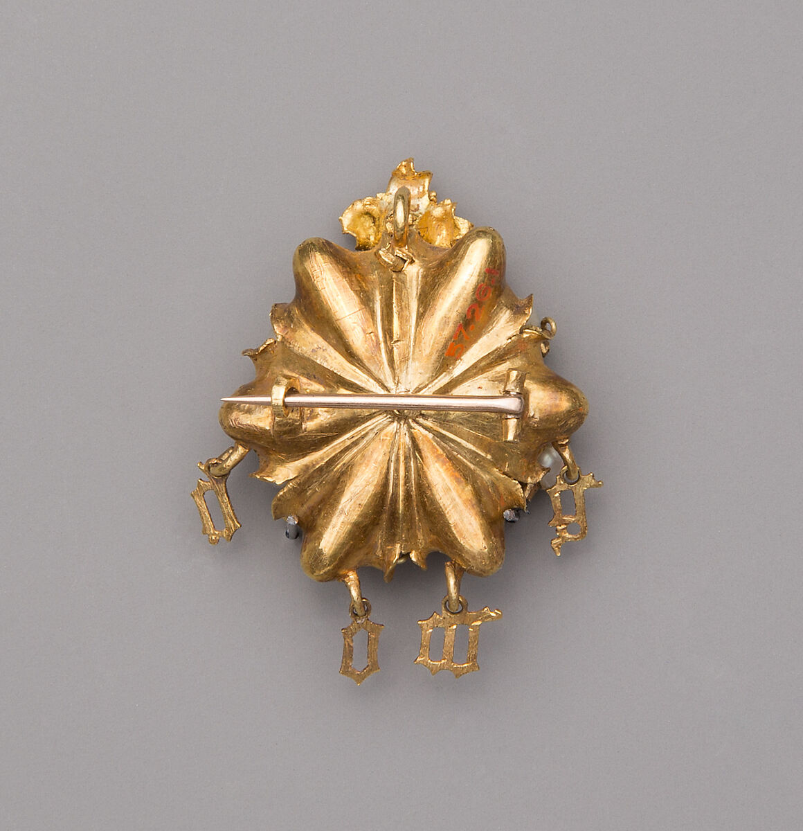 Cluster Brooch with Letters Spelling "Amor", Gold, pearls, diamond, emerald paste, and silver pin, French