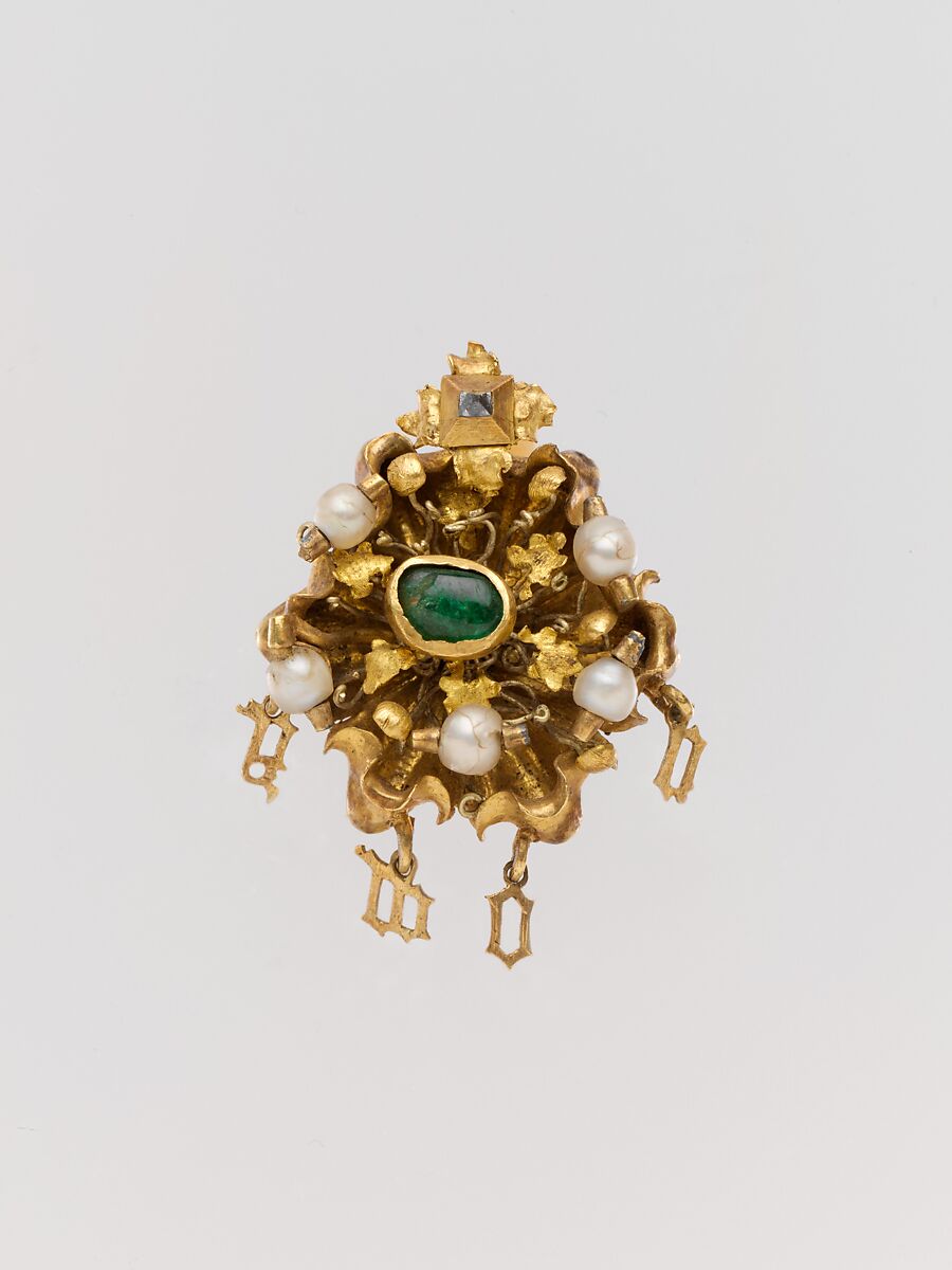 Cluster Brooch with Letters Spelling "Amor", Gold, pearls, diamond, emerald paste, and silver pin, French