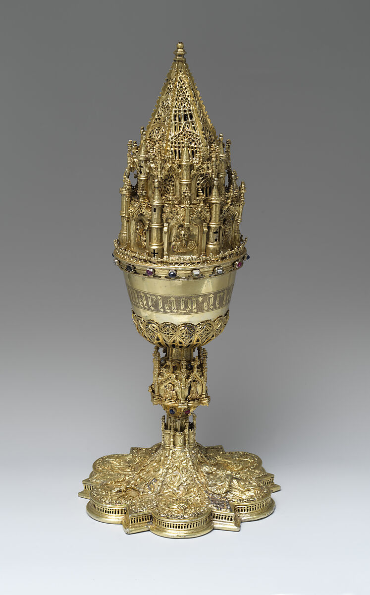 Covered Chalice, Silver, gilded with rubies, sapphires, diamonds, and crystals, Spanish