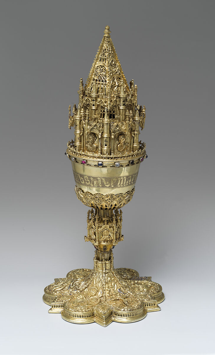 Covered Chalice, Silver, gilded with rubies, sapphires, diamonds, and crystals, Spanish